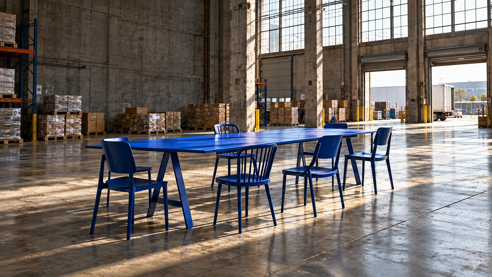 Blue table in a workshop, from the supplied Brief & Field visual identity.