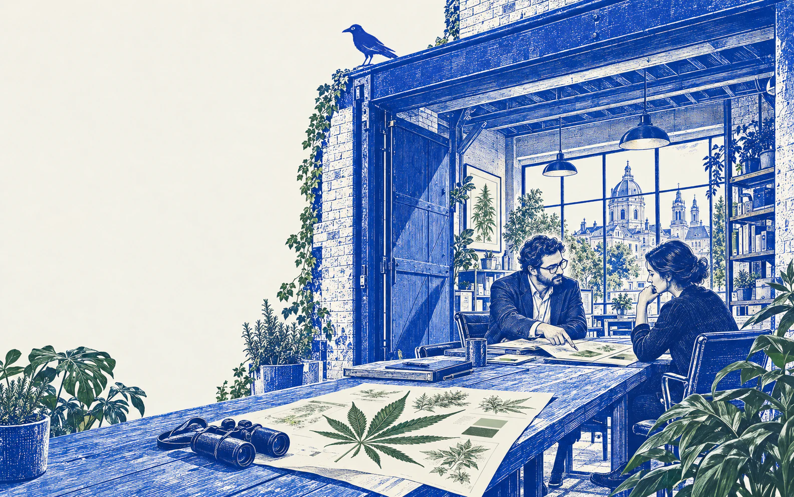 Cobalt and botanical-green engraving of two people reviewing research at a long table, with binoculars and a crow above the doorway.