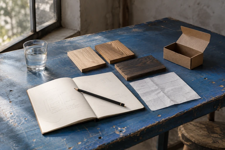 Still life on a blue work table: notes, a pencil and material samples.