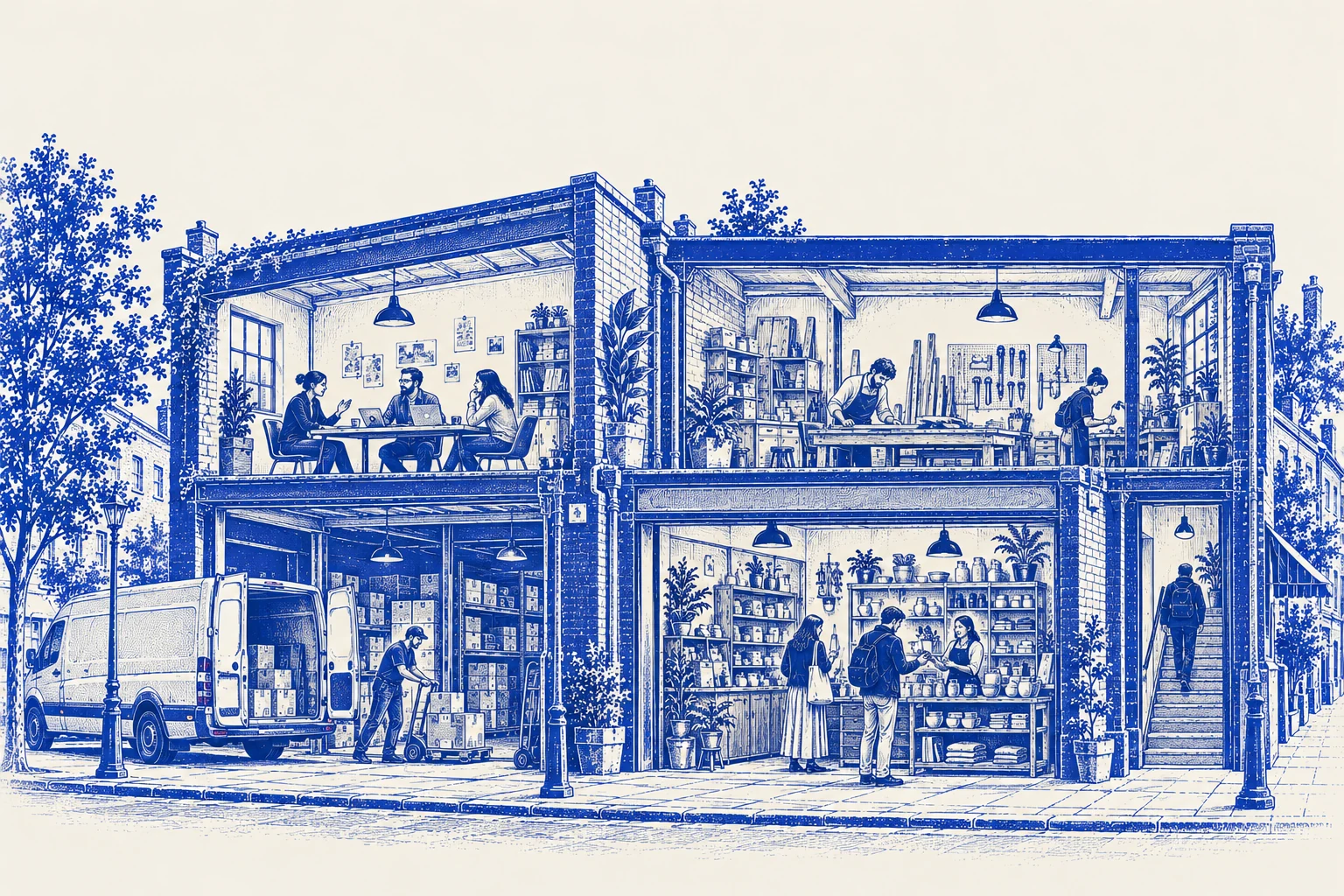 The B&F house: a meeting upstairs, customers in the shop and dispatch on the ground floor.