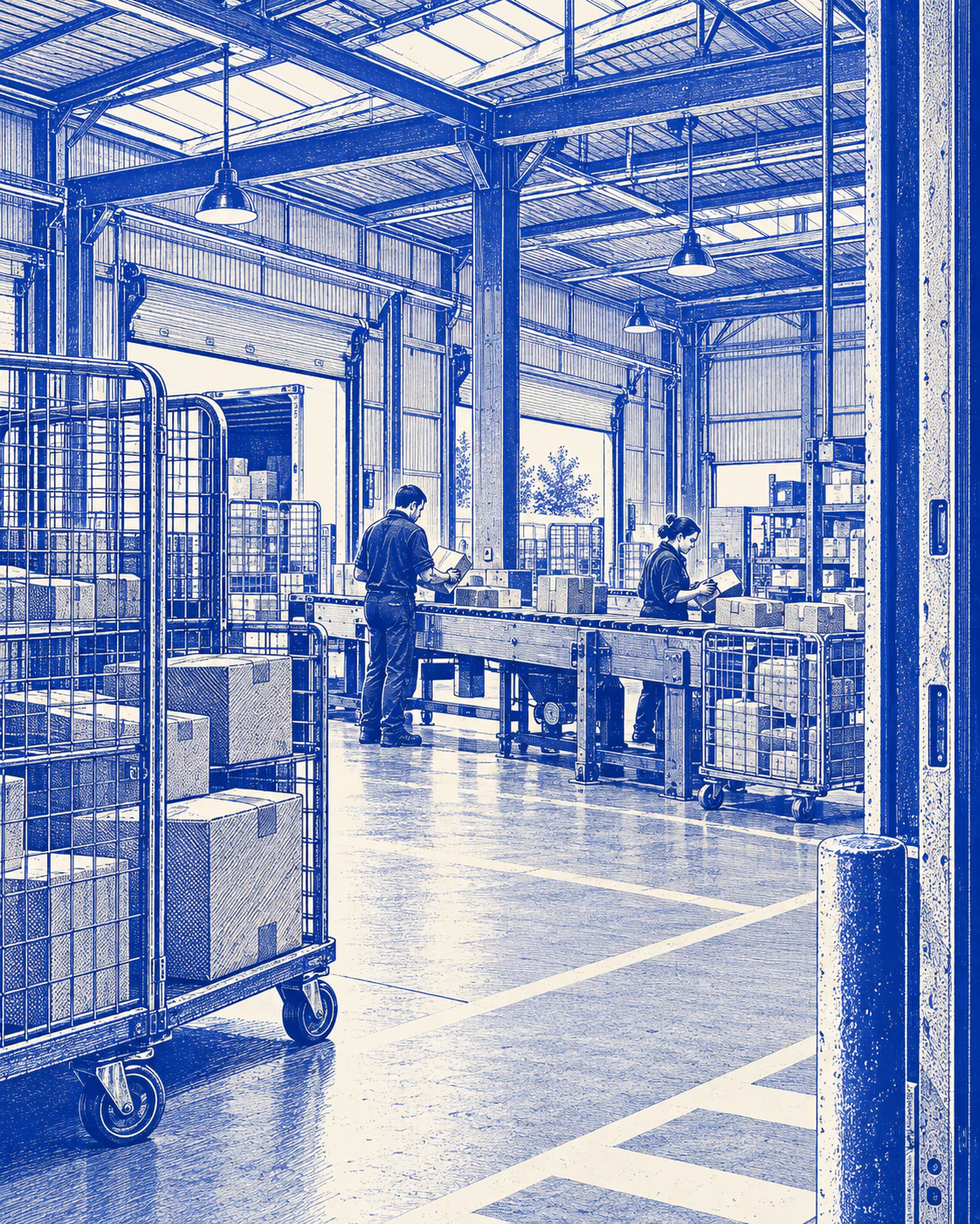 Blue illustration of depot operations.