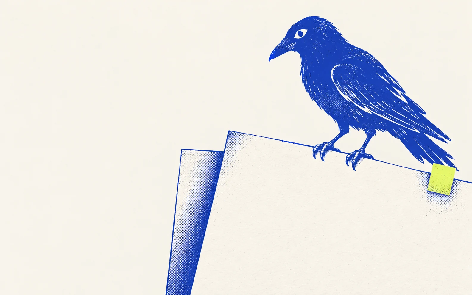 A large cobalt crow looks down at blank editorial sheets, with an acid-green paper tab.